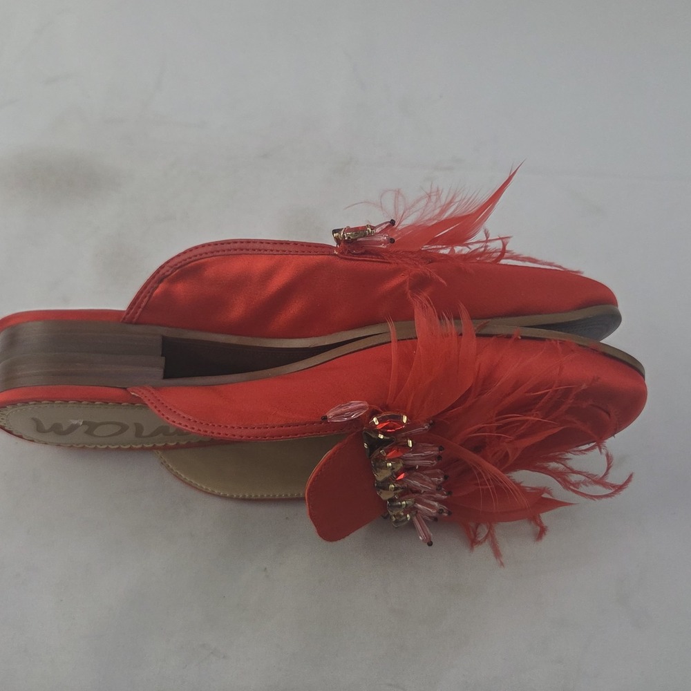 Sam Edelman Mules Womens Size 7.5 M Red Satin Feather Embellished Slip On Shoes - Picture 6 of 8